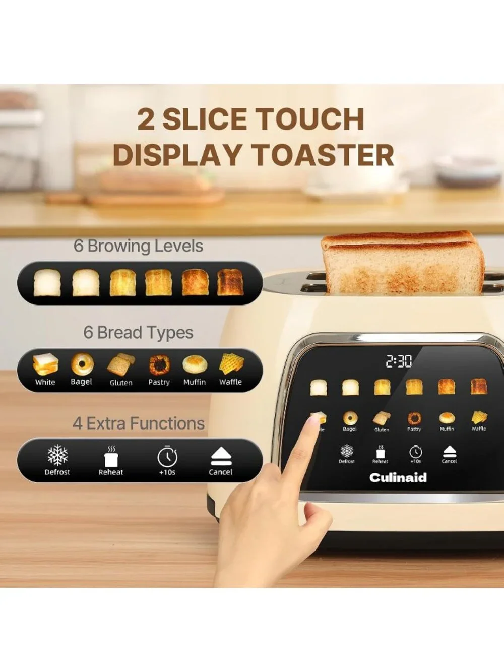 2 Slice Cream Touch Screen Retro 1.5'' Extra Wide Slot Stainless Steel Toaster